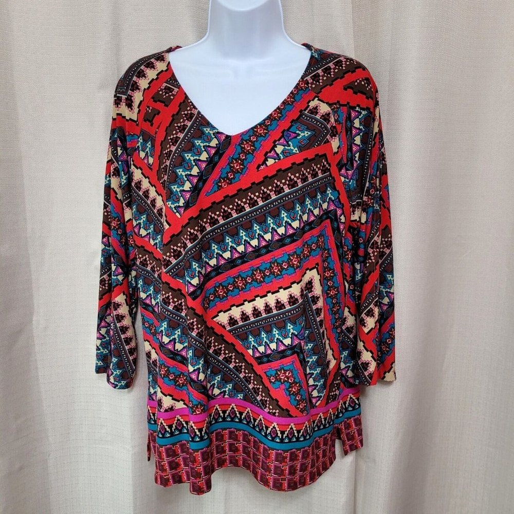 Chico's 3/4 Sleeve Pullover V-Neck Top Women's Size 2 / 12 Southwestern Print